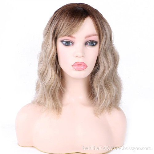 Synthetic Hair Short Bob Wigs Natural Wavy Style with Bangs Fringe Skin Scalp Natural Hairline Shoulder Length